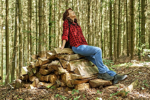 Pause auf einem Baumstamm-Stapel im Wald