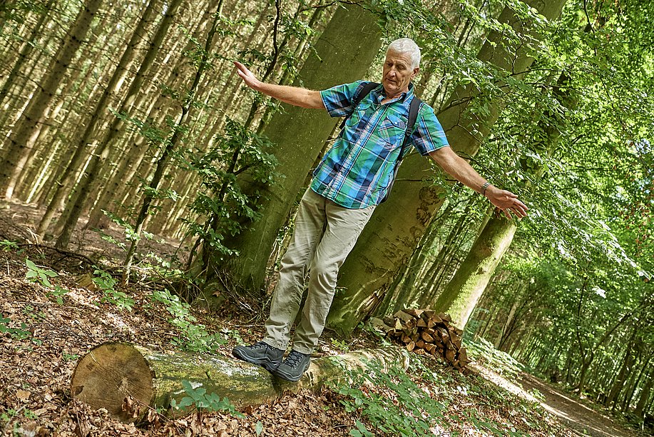 Wanderer beim Balancieren im Wald