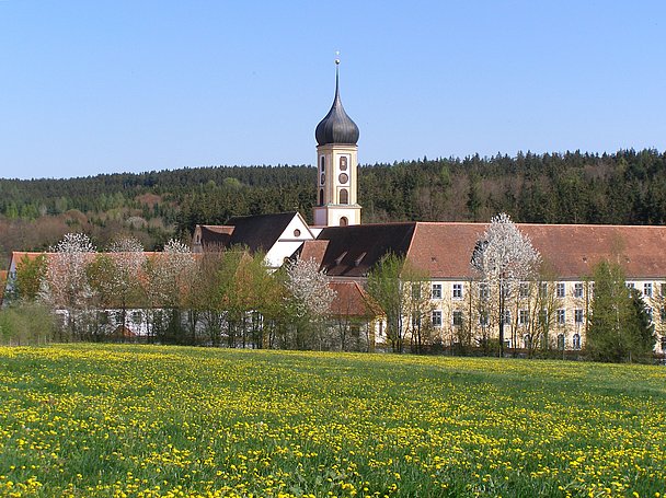 Kloster Oberschönenfeld umgebeben von blühenden Wiesen